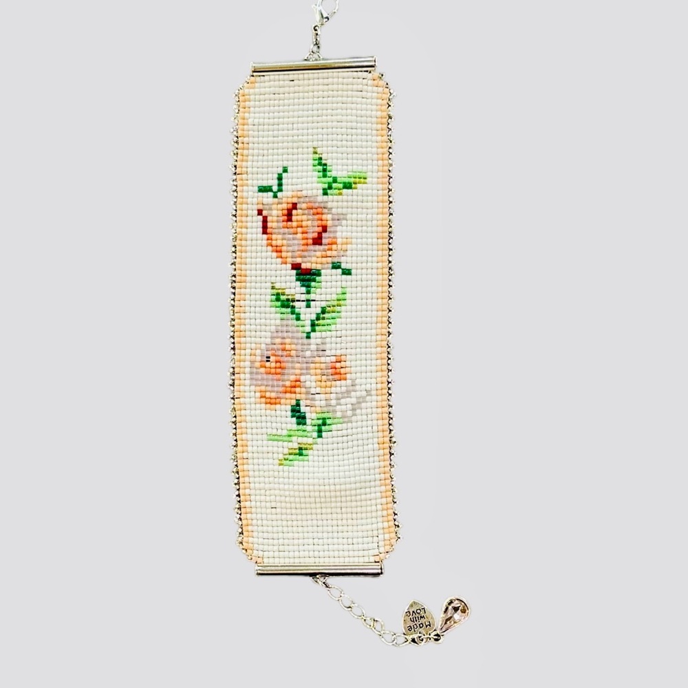 COPY - Handcrafted loom cuff bracelet roses on white w/silver beaded border adj…